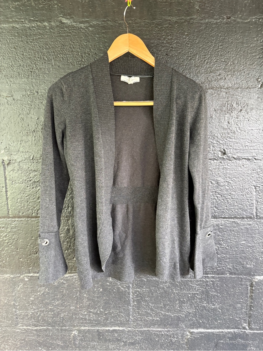 Pointelle Charcoal Open-Front Women's Cardigan Sweater